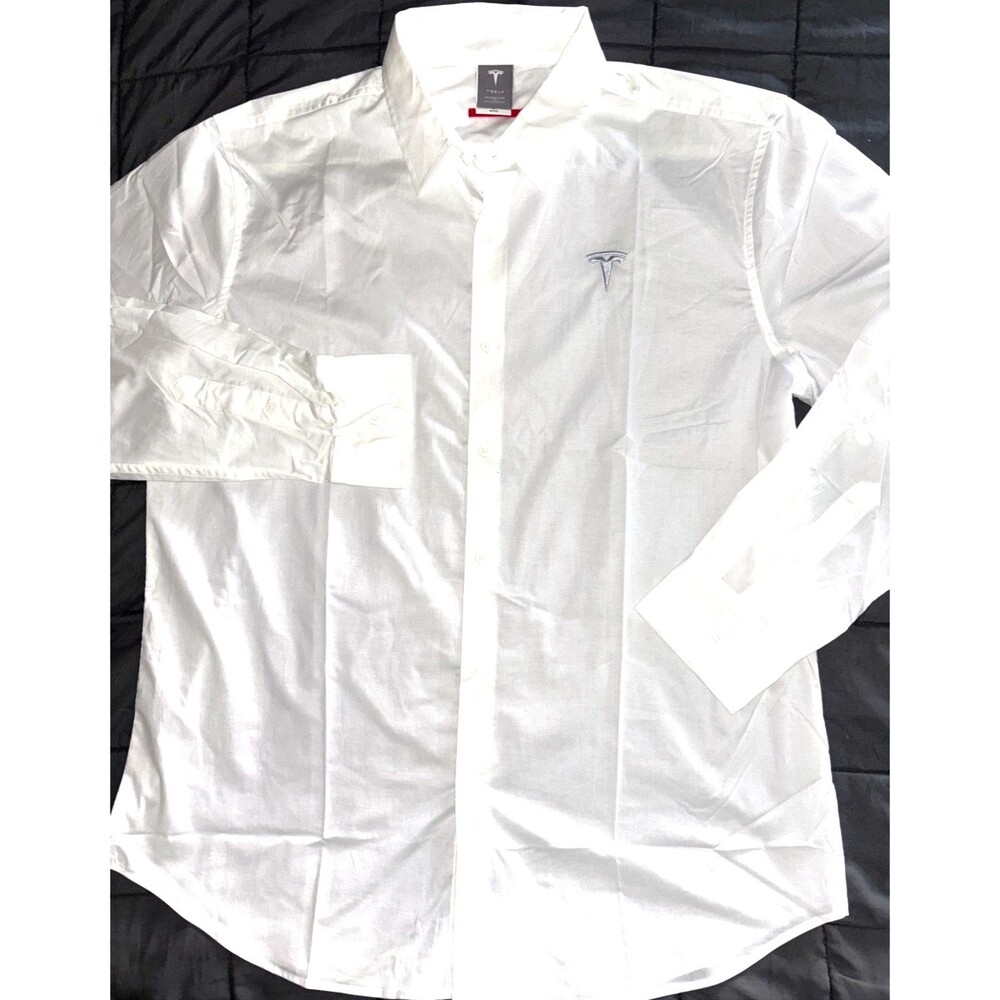 TESLA Logo White Casual Work Button Up Long Sleeve Collared Dress Shirt Men's XL
